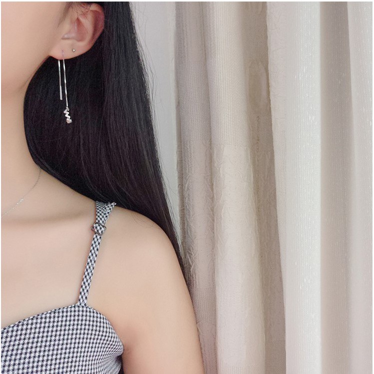 Bông tai, khuyên tai nữa bạc 925 cao cấp kẹp vành đính đá dáng dài Twinkle Wave sang chảnh K24 | TRANG SỨC BẠC HARMONY