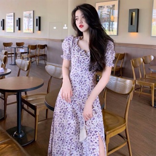 (Sẵn) Váy đầm maxi hoa tím xẻ tà dáng dài tay ngắn phồng