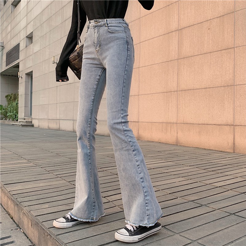 Quần jean nữ Choobe ống loe lưng cạp cao bò dáng skinny suông vải denim cao cấp co giãn màu xanh QJ05