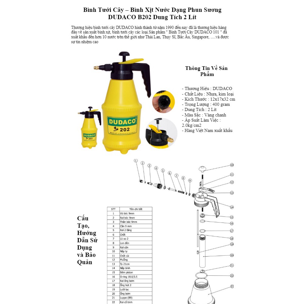 Bình xịt tưới cây 2 lít DUDACO 202 hàng chuẩn chính hãng đủ phụ kiện có bảo hành