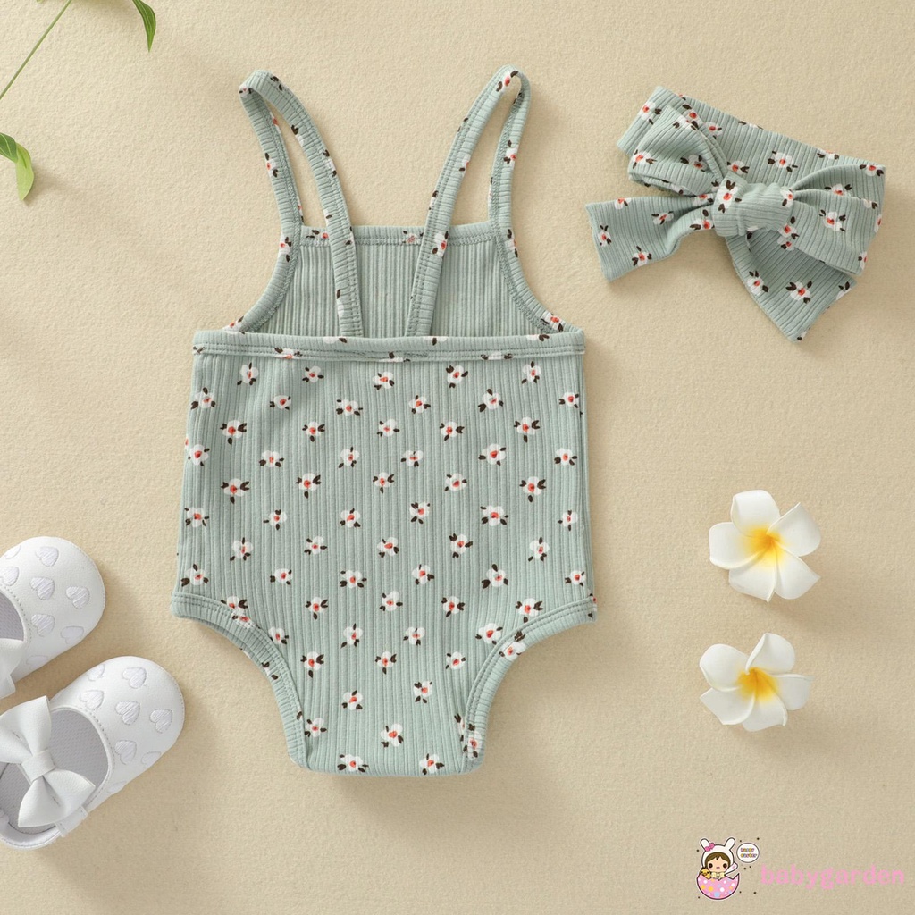 Áo Liền Quần Không Tay In Hoa Kèm Băng Đô Cho Bé Gái