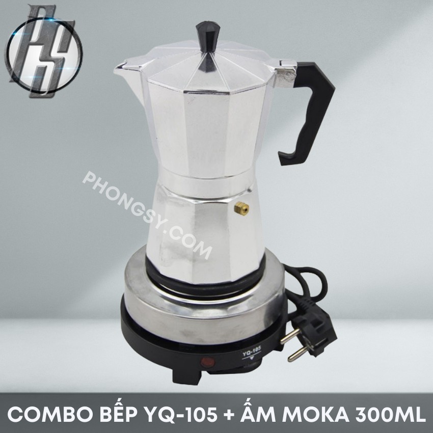 Combo bếp điện mini YQ-105/ 500W +  ấm cafe moka 300ml/6cup