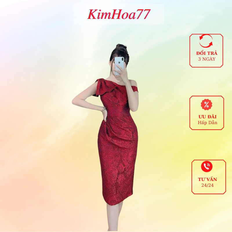 Váy body đầm nữ dự tiệc freesize chất gấm lệch vai phối nơ kimhoa77