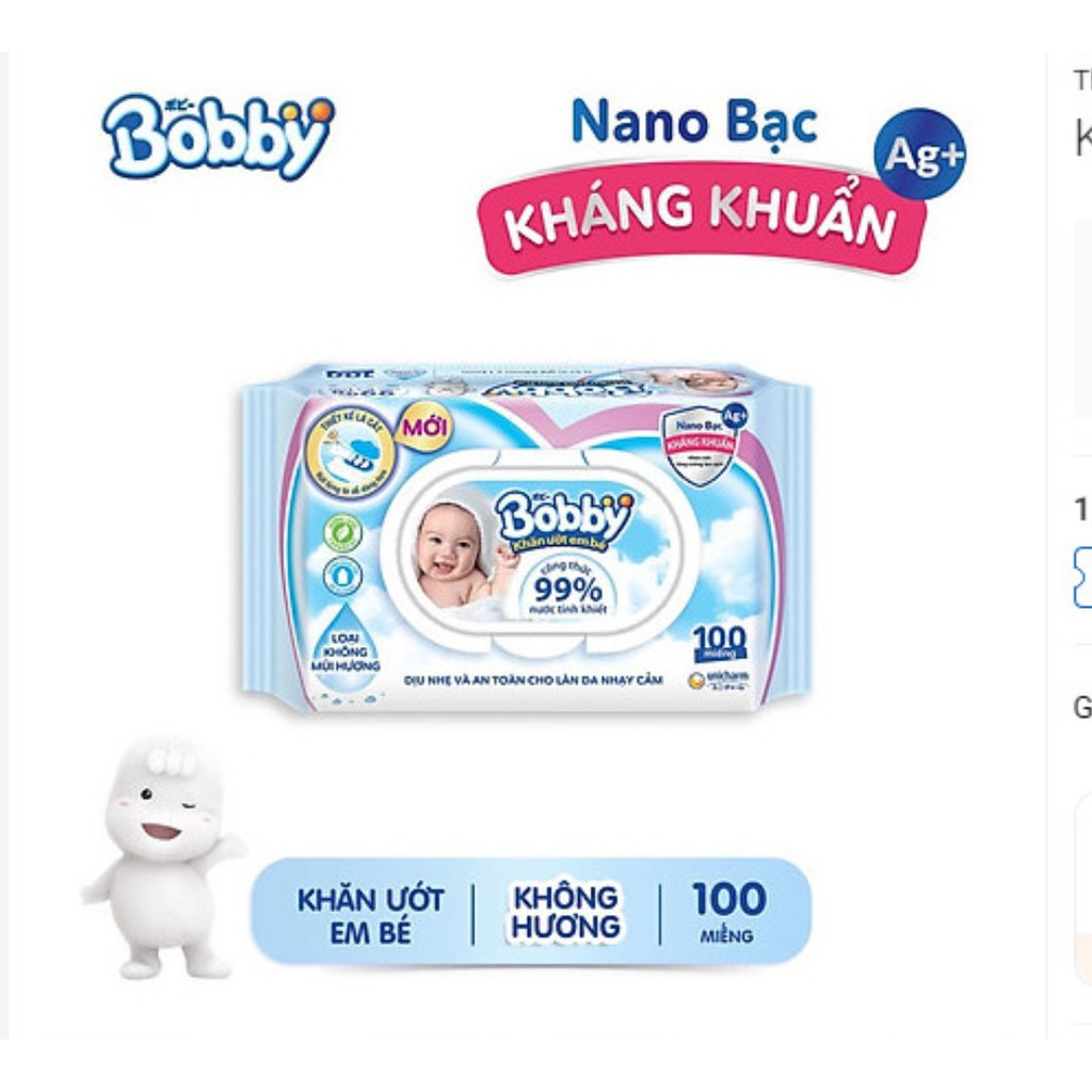 Khăn Ướt Em Bé Bobby Không Mùi Gói 100 Miếng