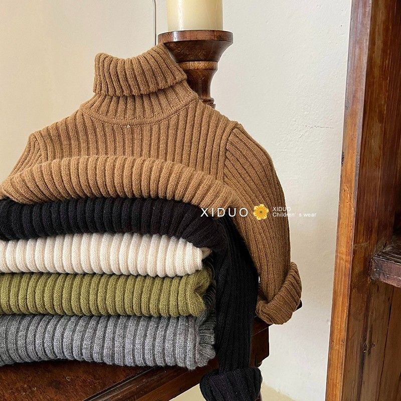 Áo Sweater Cổ Cao Co Giãn Màu Trơn Thời Trang Thu Đông Hàn Quốc Mới Cho Bé Trai Bé Gái