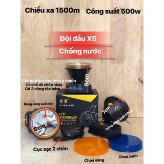 ĐÈN LED PIN SẠC ĐỘI ĐẦU KÍN NƯỚC CHIẾU XA 1500 M X5 - 500W, SỬ DỤNG ĐƯƠC 3 ÁNH SÁNG TRẮNG, VÀNG, XANH