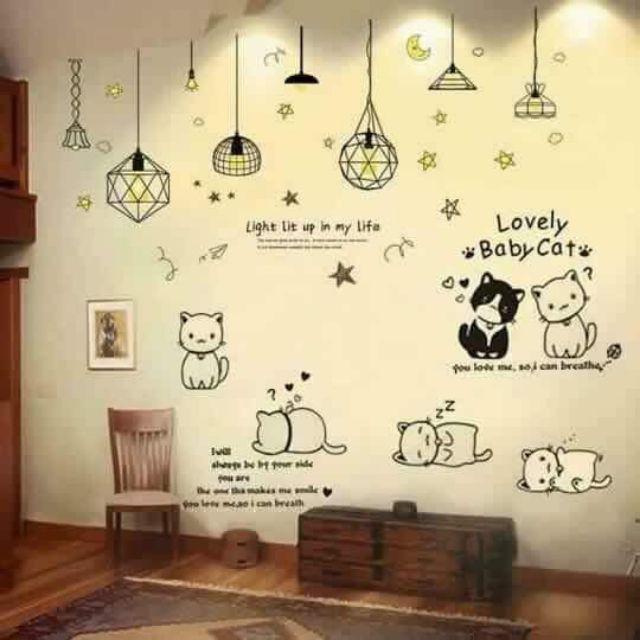 Decal dán tường Combo 2 tranh dây đèn thả light mới + mèo đáng yêu