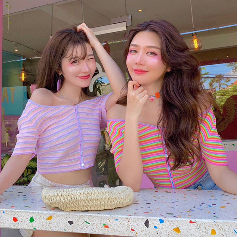 Áo Croptop dệt kim tay ngắn hoạ tiết kẻ sọc cho phái nữ | BigBuy360 - bigbuy360.vn