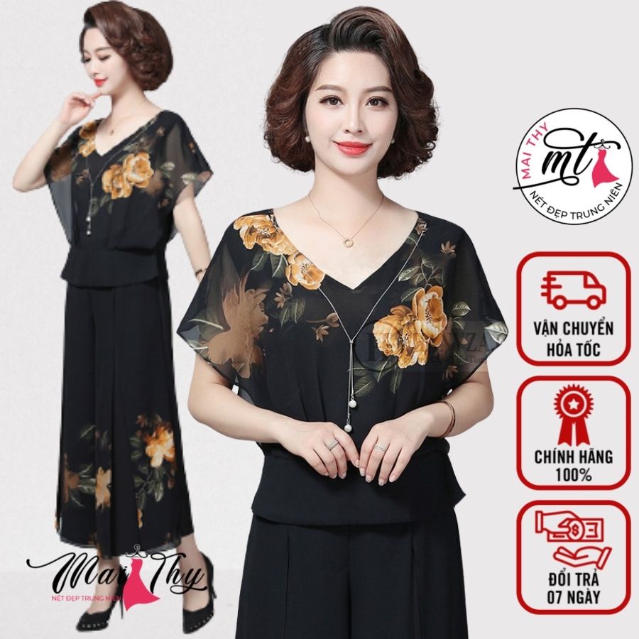 Bộ Trung Niên Cho Mẹ S400, Bộ Đồ Cho Mẹ Trung Niên Voan 2 Lớp Quần Ống Rộng, Áo Hoa Tay Cánh Tiên | Thời Trang Mai Thy