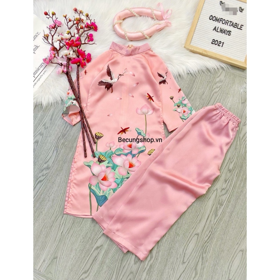Áo dài cho bé gái-áo dài cách tân cho bé gái hoạ tiết Hồng hạc Lá sen với chất liệu lụa satin cao cấp, mềm mịn