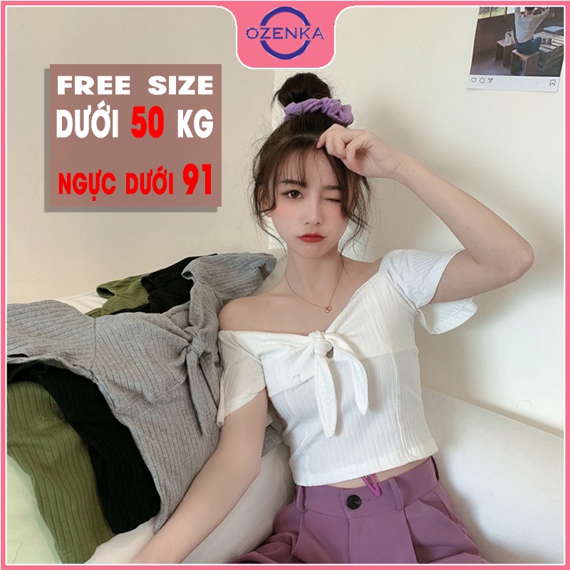 Áo croptop ngắn tay cánh tiên nữ OZENKA , áo thun ôm trễ vai gợi cảm nữ tính thun gân 100% cotton đen trắng dưới 50kg