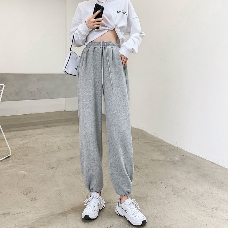 White Track Pants Women's Ankle-Tied Loose All-Match Fashion Straight Casual Sweatpants High Waist Drooping Wide Leg Pants Summer