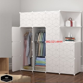 TỦ nhựa lắp ghép 14 ô 2 góc cửa quần áo thân trắng.