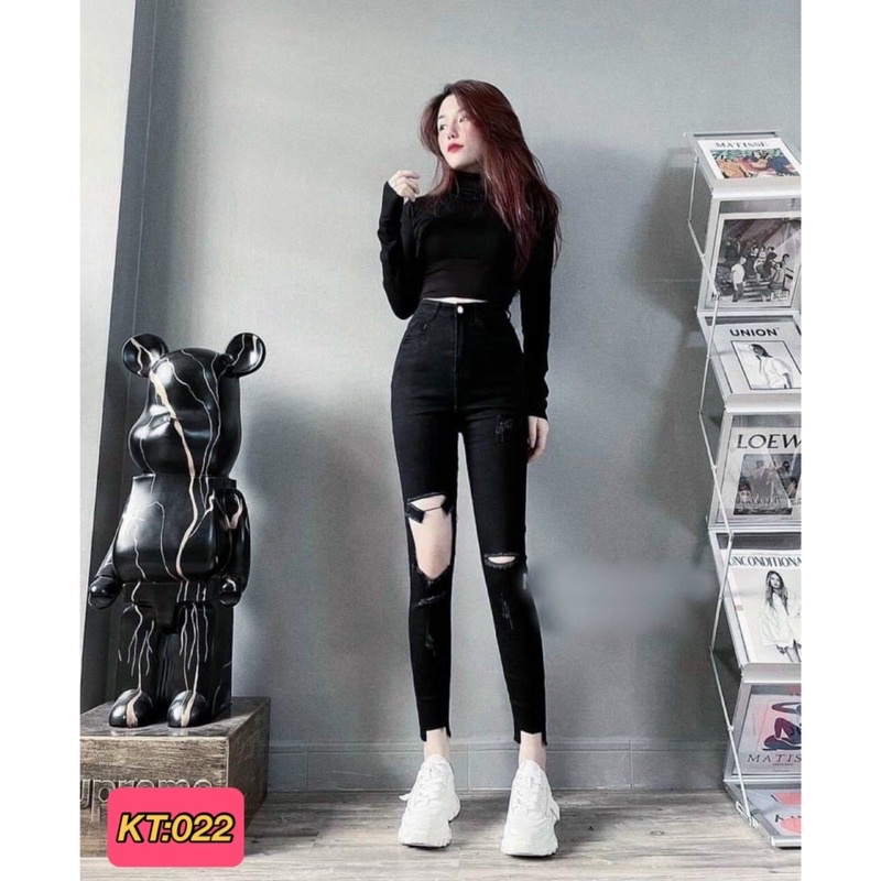 Quần jeans nữ lưng cao mã 022 ôm body lưng siêu cao rách gối