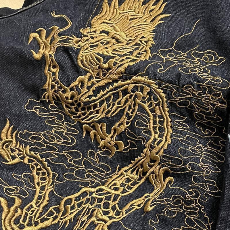 Quần jeans ống rộng thêu hình rồng phong cách Harajuku cá tính cho nữ