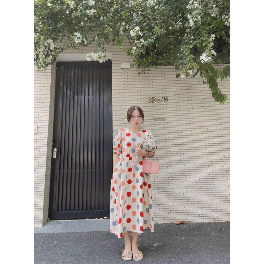 Đầm tiểu thư dáng suông dài đi biển, đầm maxi bi đỏ xoè bánh bèo, xinh xắn
