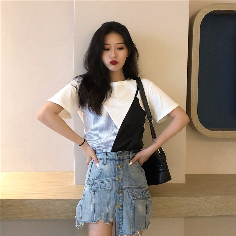 SUXI Áo thun kẻ sọc cổ tròn tay ngắn