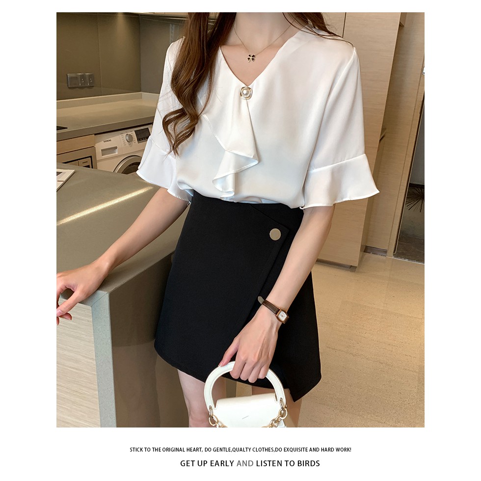 Korean Elegant Ruffle V Neck Casual Blouse Women Summer Flare Short Sleeve Shirt Yellow White Pink | BigBuy360 - bigbuy360.vn