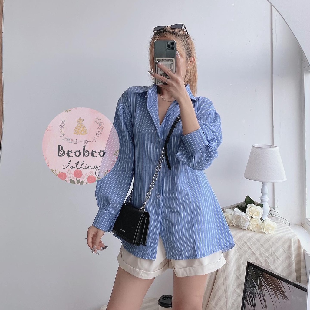 Áo sơ mi kẻ sọc rút dây cột nơ lưng ulzzang