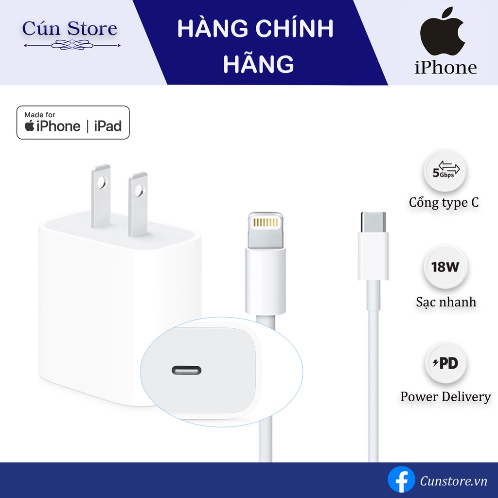 [Bảo Hành 12 tháng] Bộ Sạc Nhanh iPhone 18W - Củ Sạc Nhanh 18W + Dây Sạc iPhone Type-C to Lightning Chính Hãng, Siêu Bền