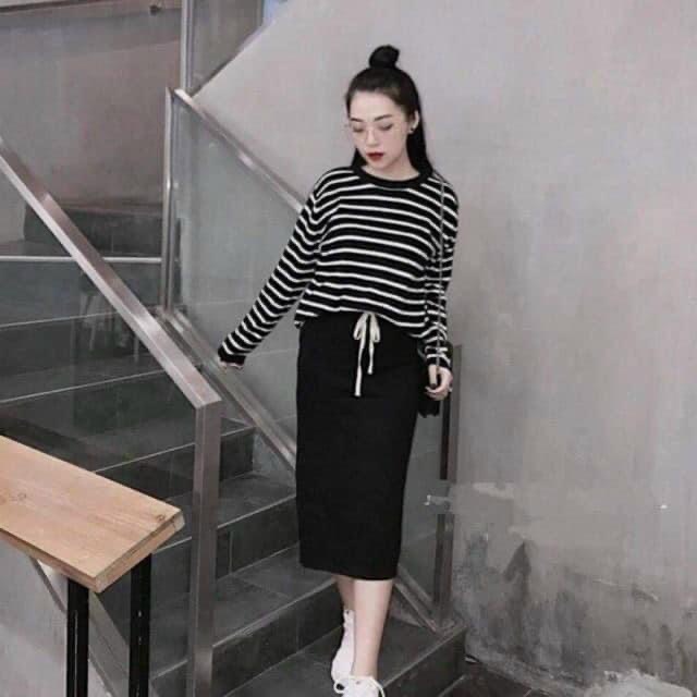 Set len áo len kẻ+ chân váy Chất len cực đanh đẹp, dày dặn, mềm mịn