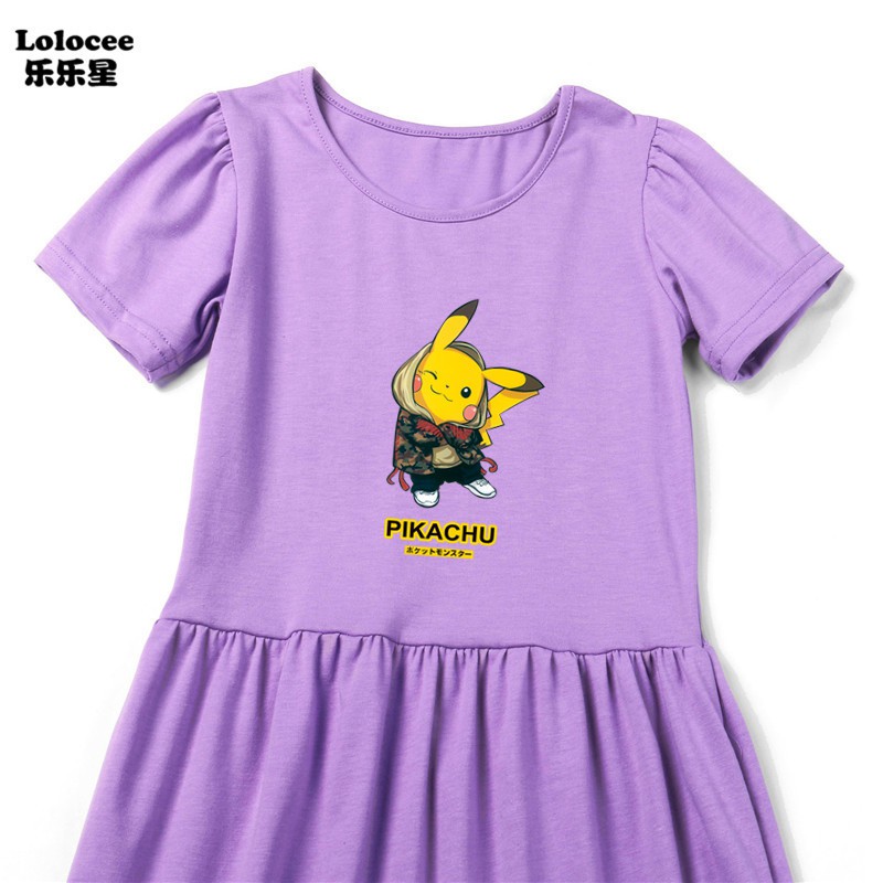 Đầm Tay Ngắn Dáng Chữ A In Hình Pikachu Thời Trang Mùa Hè 2021 Cho Bé Gái