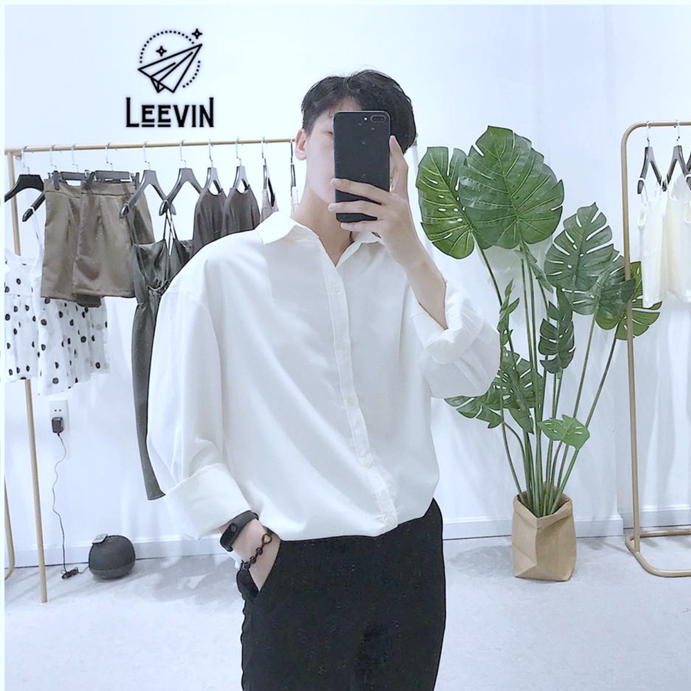 Áo Sơ Mi Dài Tay Nam Nữ Trơn Vải Hàn Basic Màu Trắng Và Đen - Kiểu sơ mi nam nữ Form rộng Hàn Quốc Leevin Store | BigBuy360 - bigbuy360.vn