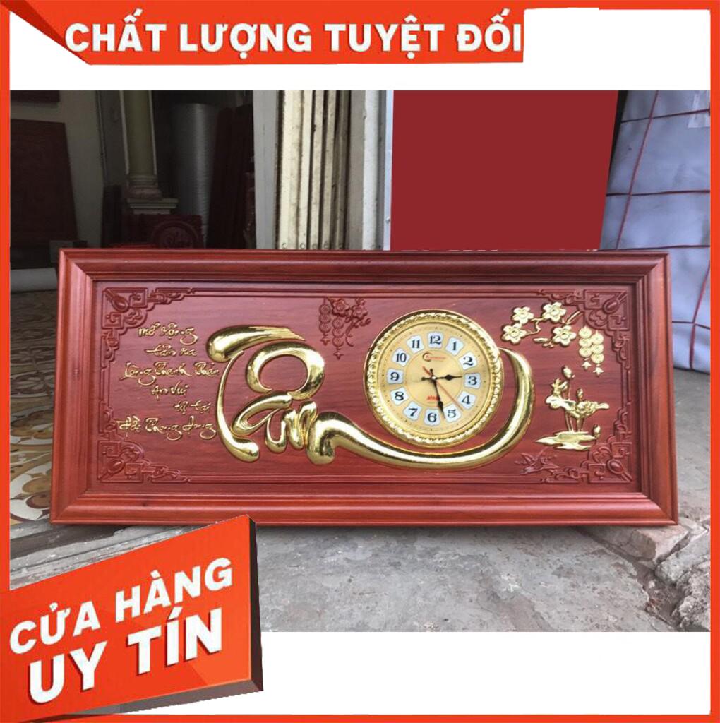 Đồng hồ treo tường tranh gỗ chữ tâm gỗ hương mạ vàng 24k Nội Thất 48x108cm