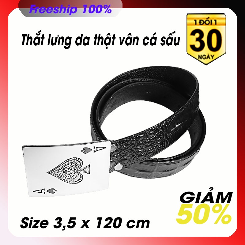 Thắt lưng nam dây da thật lớp 2 vân cá sấu - khóa kim loại bạc bóng hình ách bích - độc lạ có video sản phẩm.