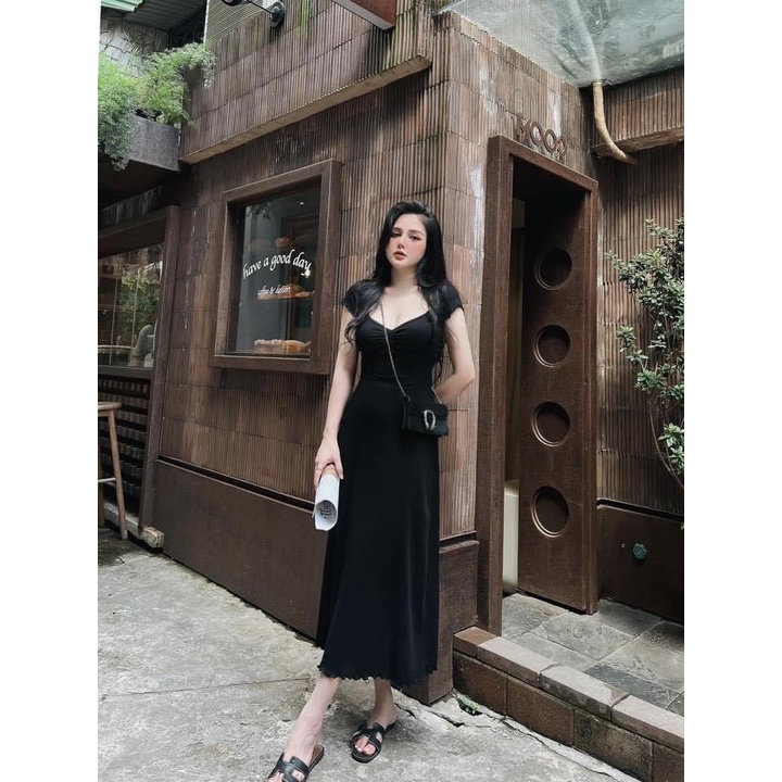 [10.10 Sale Freeship] Đầm body dáng dài cổ vuông tay ngắn có nhún ngực xòe nhẹ, đầm ôm body cực sexy dạo phố sang chảnh
