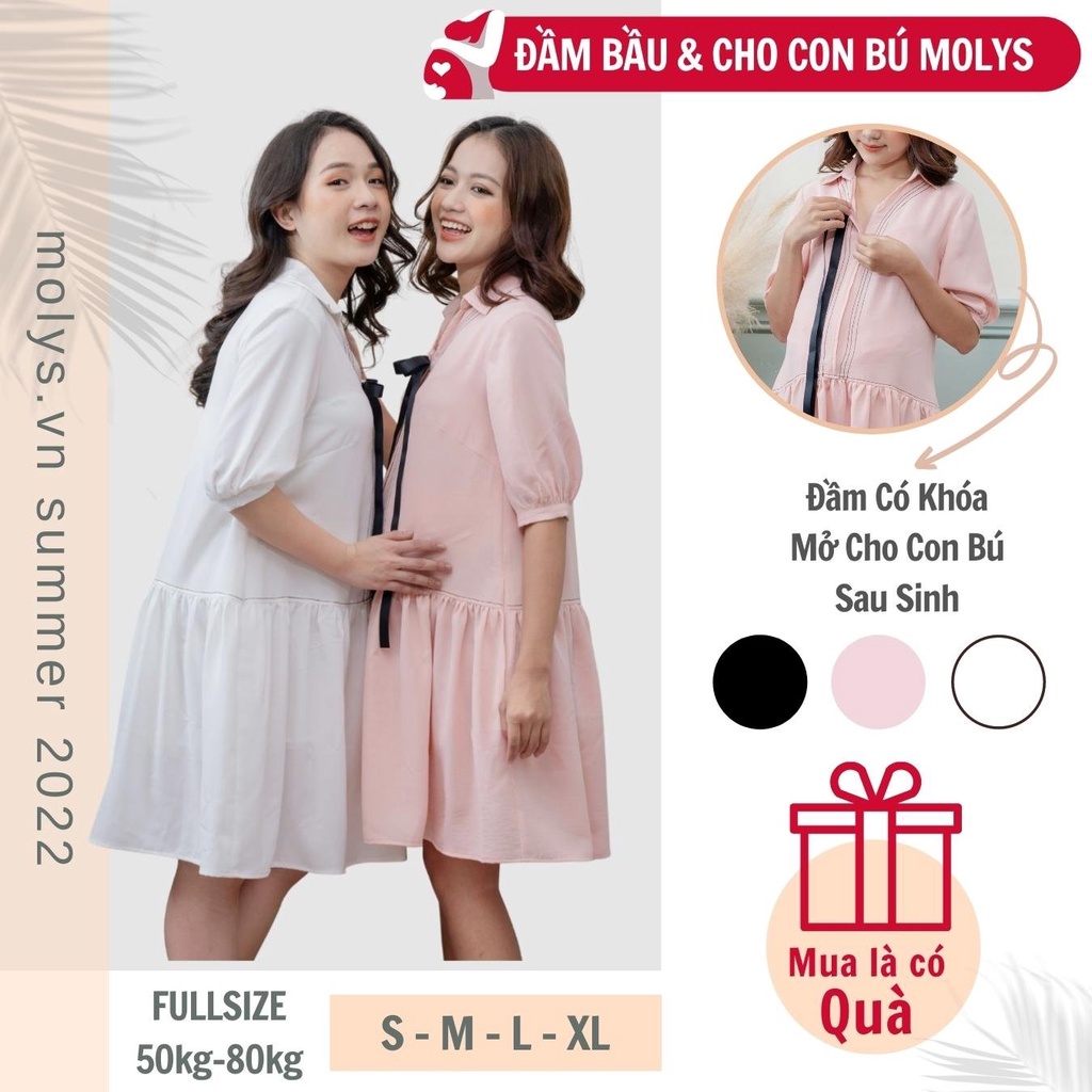 Đầm bầu công sở cho con bú, vắt sữa sau sinh MOLYS M236HT dáng sơ mi đuôi cá tay lỡ cổ phối nơ đủ size đến 80kg