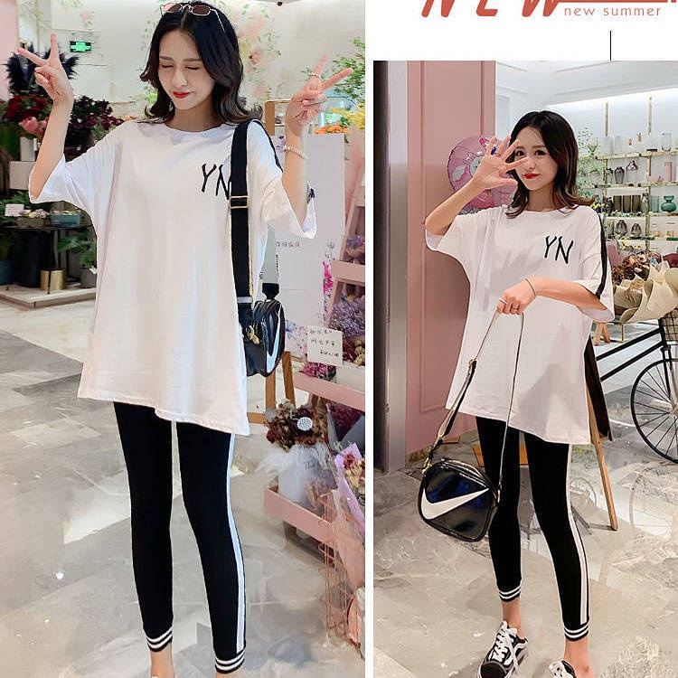 Bộ Đồ Thể Thao Áo Thun Tay Ngắn Phối Quần Dài Thời Trang Mùa Hè Cho Mẹ Bầu