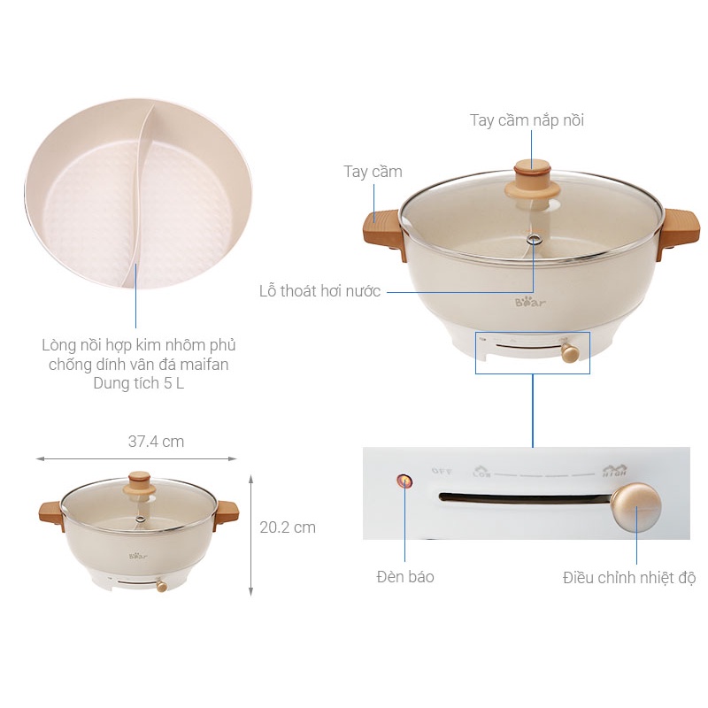 [Hỏa tốc - HCM] Nồi Lẩu Điện Uyên Ương Bear 2 Ngăn Dung Tích 5L DHG-C50K1 | Hàng Chính Hãng | BH 18T |  | Mimax Store