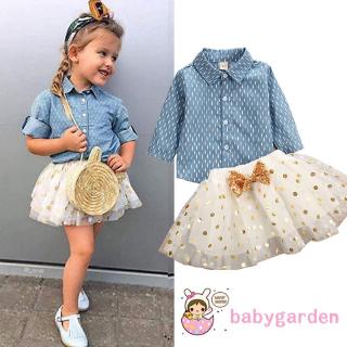 Set áo sơ mi kẻ sọc phối chân váy xòe đính nơ đáng yêu cho bé gái
