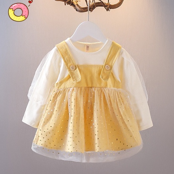 Váy thu đông nhí bé gái Váy giả yếm chấm bi tay bồng dành cho bé gái 0-3 tuổi VT44