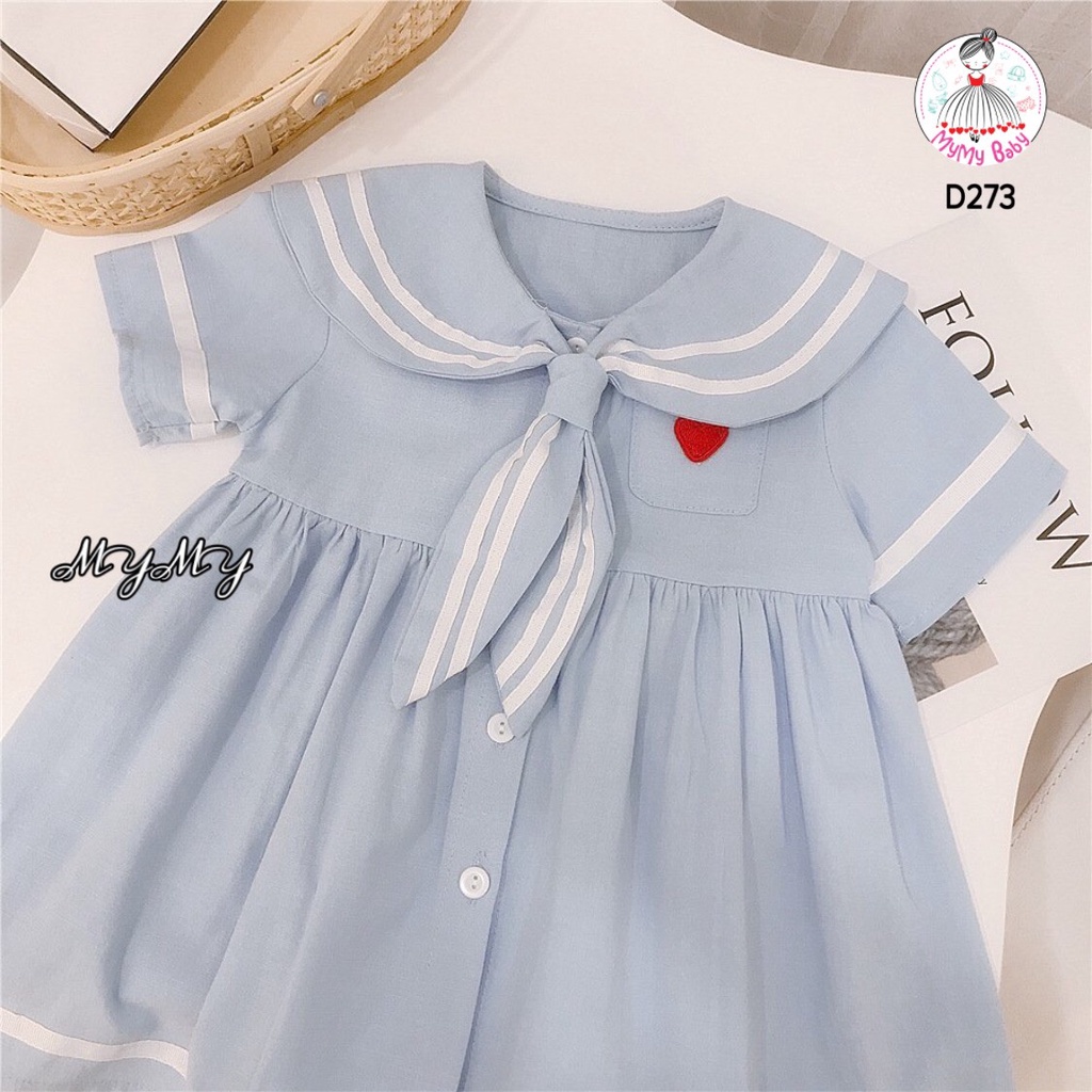 Đầm thủy thủ xanh túi trái tim thêu cho bé đi học, đi chơi phong cách nhẹ nhàng