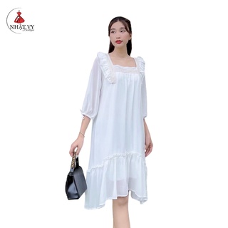 Đầm Đi Chơi NHẬT VY Cổ Vuông Tay Lửng Phối Bèo Đuôi Cá Chất Voan Màu Hồng, Nâu, Đen, Trắng - D1484