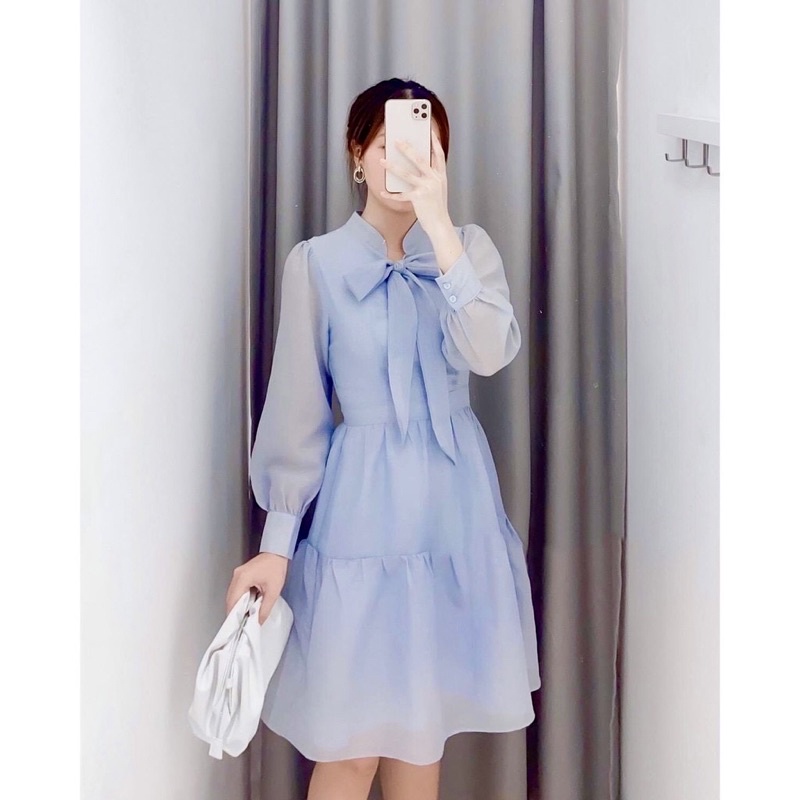 👗 Đầm công sở trắng xanh nơ ngực tơ tầng xinh xắn, đầm tiểu thư