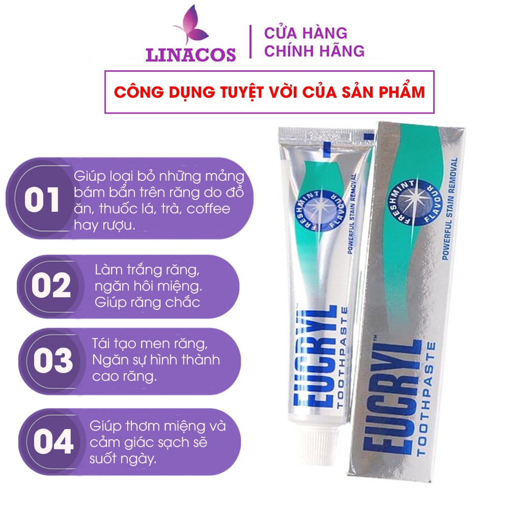 Kem đánh răng, Bột trắng răng Eucryl Toothpowder,  Tẩy trắng răng thơm miệng chính hãng 50g - LINACOS