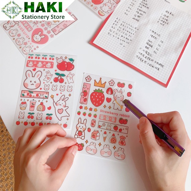 Sticker cute thỏ gấu HAKI, hình dán cute 4 tấm sticker trang trí sổ đáng yêu dễ thương giá rẻ ST22