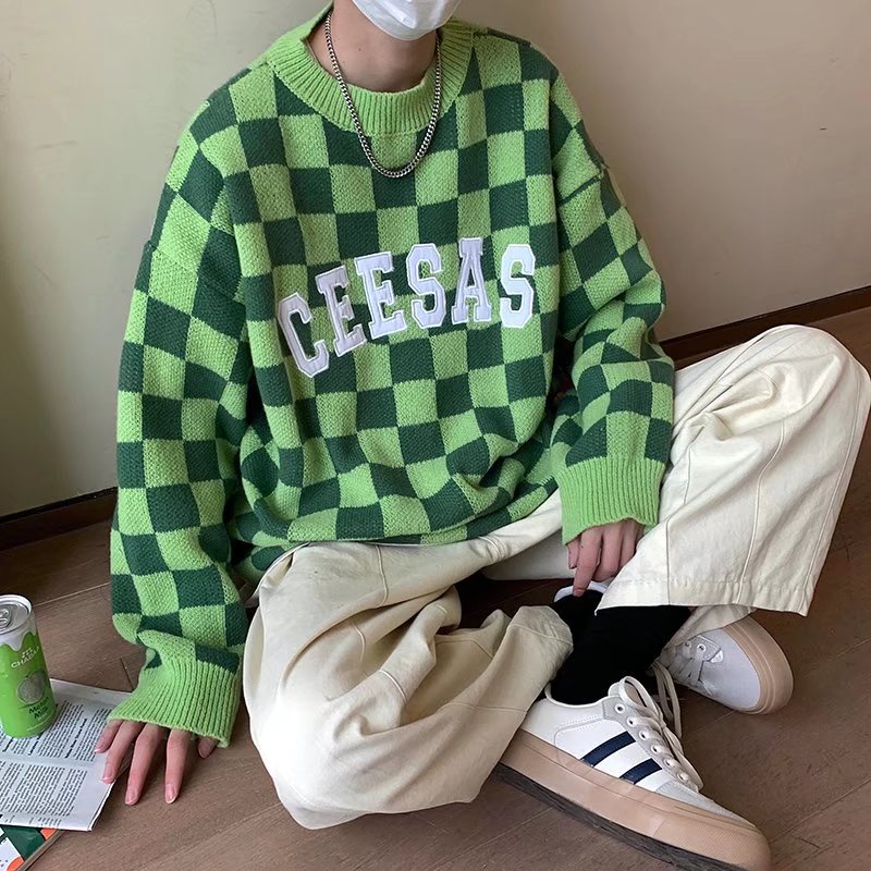 Áo sweater dệt kim cổ tròn tay dài dáng rộng in chữ thời trang thu đông cho nam size M-2XL