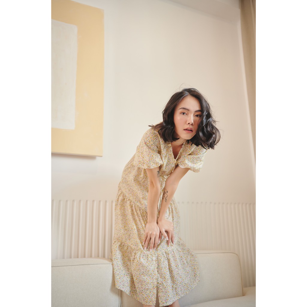 Happy Zoo - Đầm dài tay ngắn rút eo hoa | BigBuy360 - bigbuy360.vn