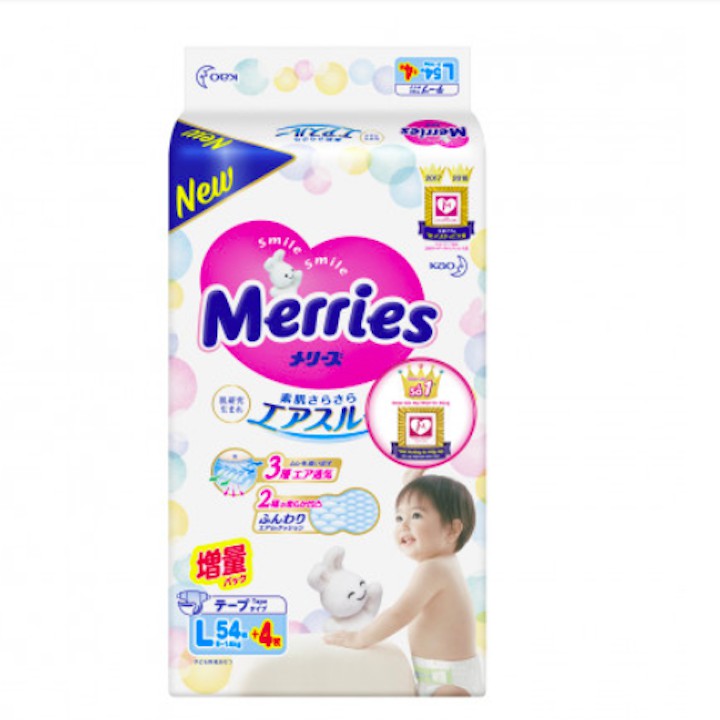 Combo 2 bịch[Cộng miếng] Bỉm - Tã dán Merries size L 54 cộng 4 miếng (cho bé 9-14kg)