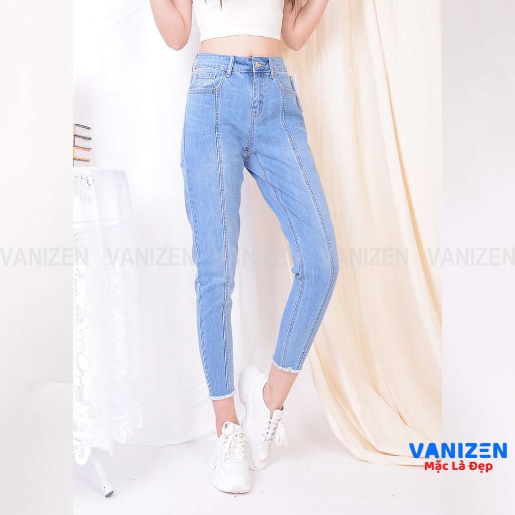 Quần jean nữ ống rộng baggy đẹp lưng cao cạp căn bản xước nhẹ có gân gấu tua rua hàng hiệu cao cấp mã 379 VANIZEN