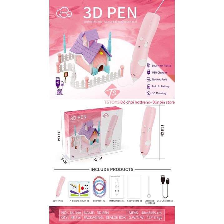 Bút vẽ 3D tạo mô hình 3 chiều độc đáo, in hình mô phỏng không gian kèm sạc điện và phụ kiện bản nâng cấp KHÔNG GÂY NÓNG