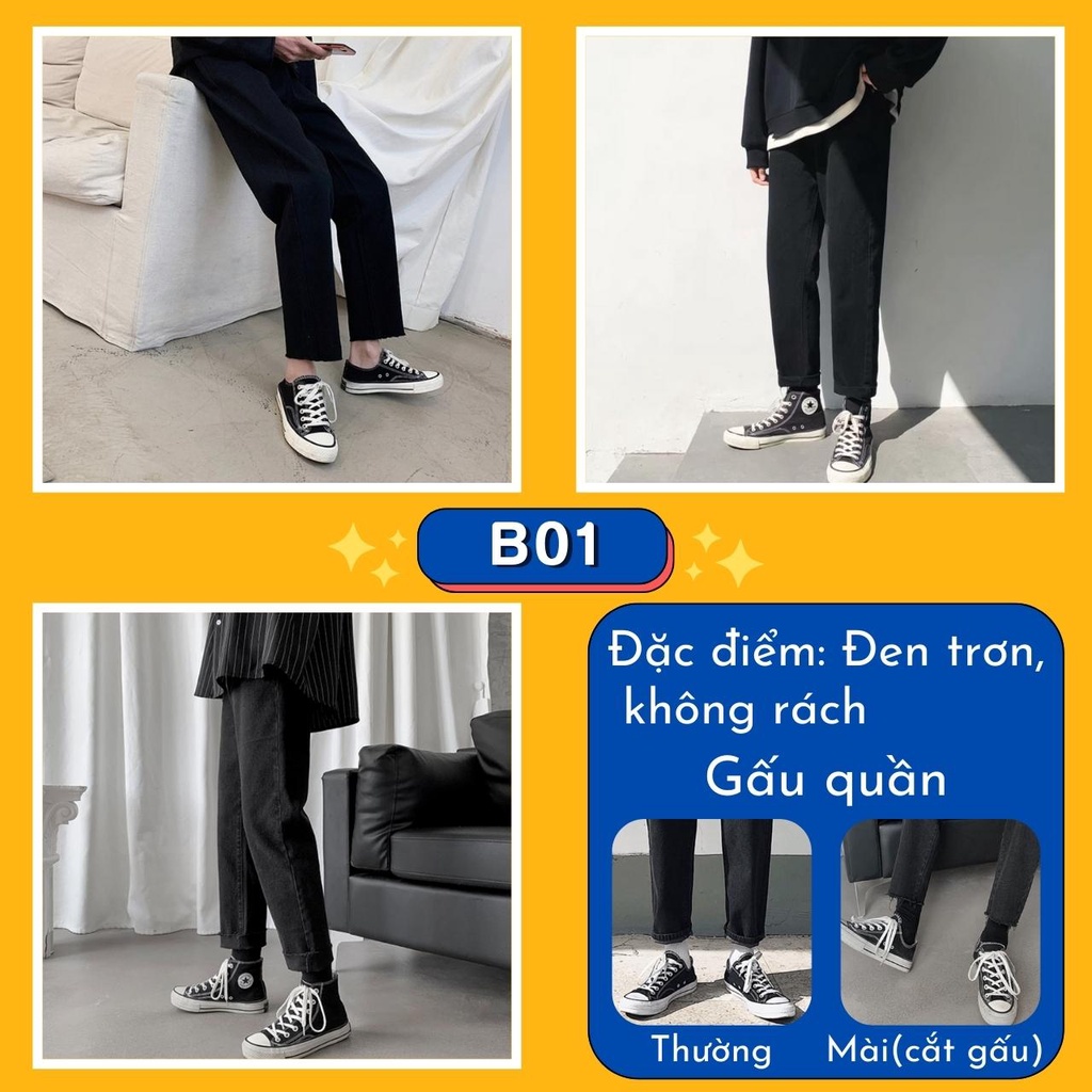 [Tiền Nào Của Đấy]Quần Jean Baggy Nam Ống Rộng Cắt Gấu Đen Trơn Không Phai Màu Vải Co Giãn