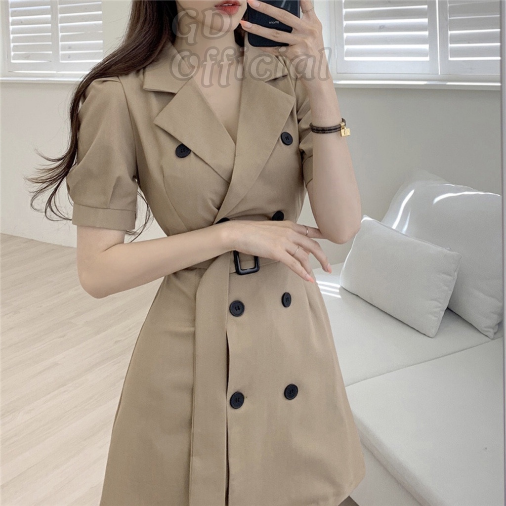 D38|Đầm nữ nhẹ nhàng ngắn tay, phồng cổ vest thanh lịch, hiện đại kèm thắt lưng màu đen, nâu GD Official