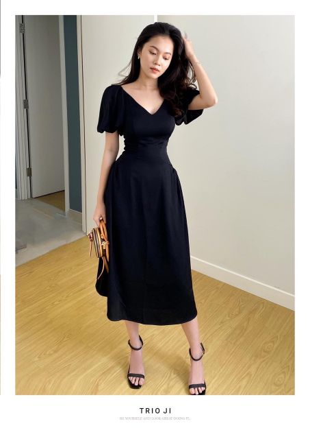 Đầm midi cổ V tay phồng bí 2 màu đen, trắng