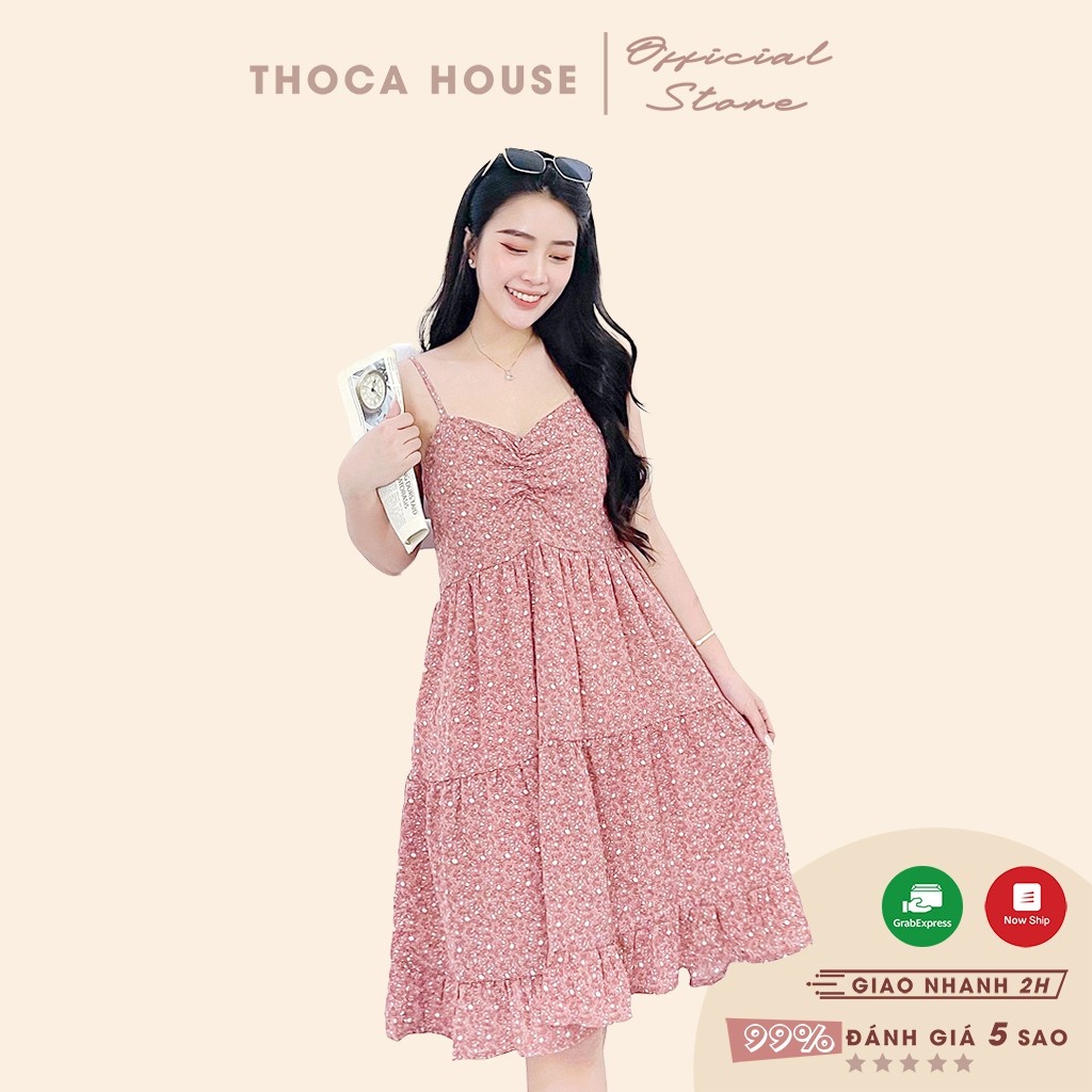 Đầm suông hoa nhí kiểu tầng 2 dây nhún THOCA HOUSE hồng, kem, nâu mặc đi chơi, du lịch