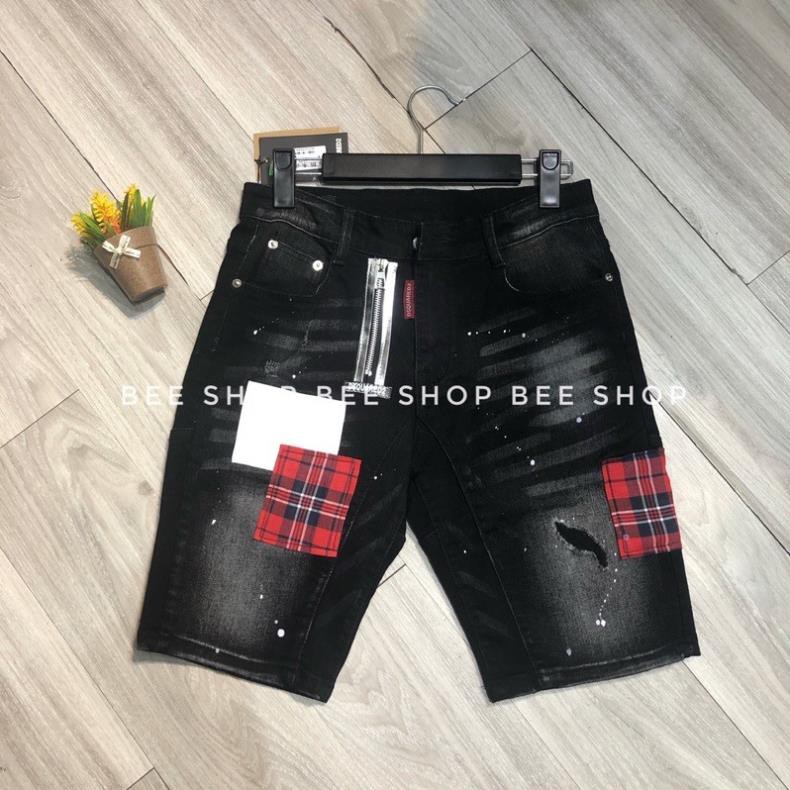 Quần bò ngố nam Dsq vá trắng đỏ , quần jean nam, quần short bò - Bee Shop ❣️